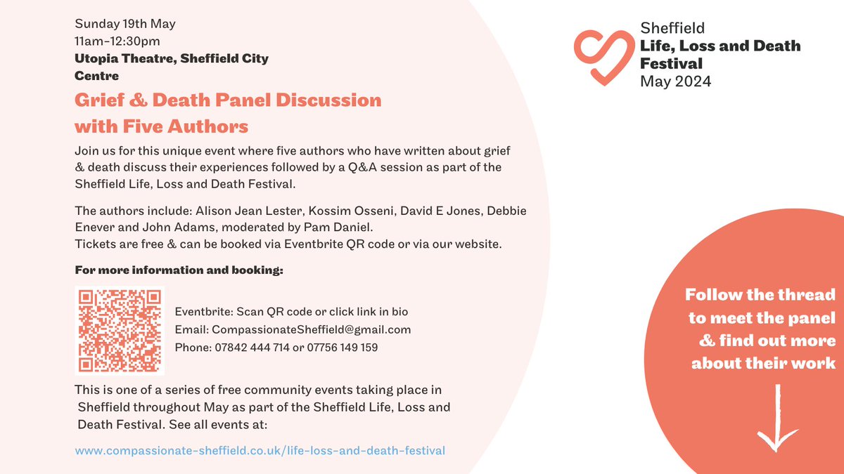 We're so looking forward to this fantastic event where 5 authors who've written about grief & death join us to discuss their experiences followed by a Q&A session as part of the Sheffield Life, Loss and Death Festival. Tickets at compassionate-sheffield.co.uk/life-loss-and-… #SheffieldLifeLossAndDeath
