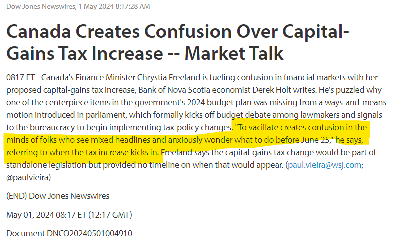 Canada Liberal Govt stirring confusion among investors, property owners over missing capital-gains tax policy in ways-and-means motion, and what to do before Jun 25, Scotiabank economist Derek Holt says. On WSJ wires: