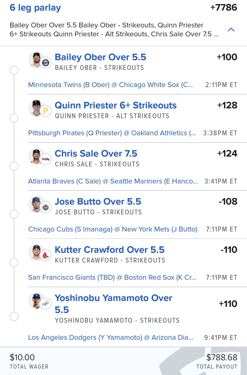 🚨🚨 Wednesday MLB ⚾️ 🚨🚨 
Early pitchers slip. Play your faves solo, make your own or tail. Be responsible about it.
#gamblingX #mlbbets #mlbparlay #baseballparlay #fanduel #strikeoutprops #pitcherprops #samegameparlay