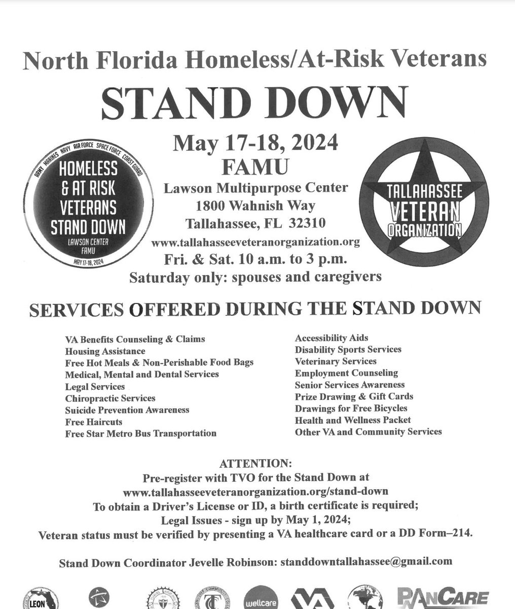 May 17-18, 2024 from 10am to 3pm please join us at the FAMU Lawson Multipurpose Center at 1800 Wahnish Way, Tallahassee, FL 32310 for the North Florida Homeless + At-Risk Veterans Stand Down. See below for more details.