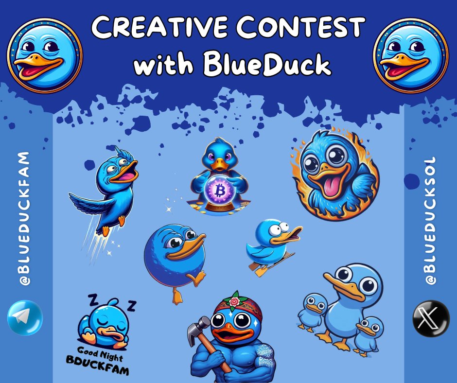 Creative Contest: 💸 Create a #Blueduck sticker and win cash ! 💸 The contest will last 48 hours. Here are the rules: -Join the Telegram group: t.me/Blueduckfam -Create a #BDUCK sticker. (Have fun with it! The best stickers will be etched into the history of