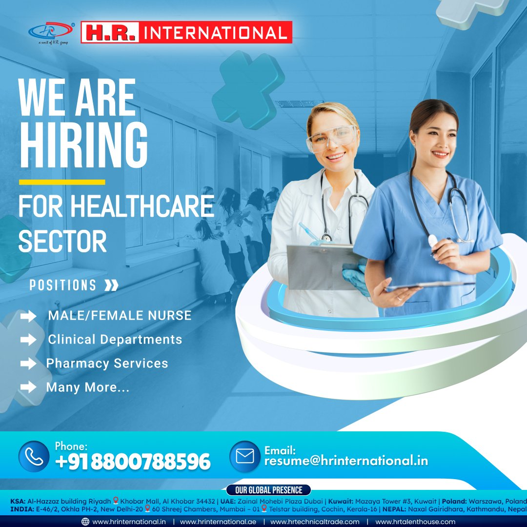 we are @hiring 📣 for @Healthcare Sector @clinical @specialists, @pharmacists, caring male and female @nurses, and more. @Apply @Now ✨ Position: Male/Female Nurse Clinical Departments Pharmacy Services Many More. Contact Us:📞+918800788596, 📧resume@hrinternational.in