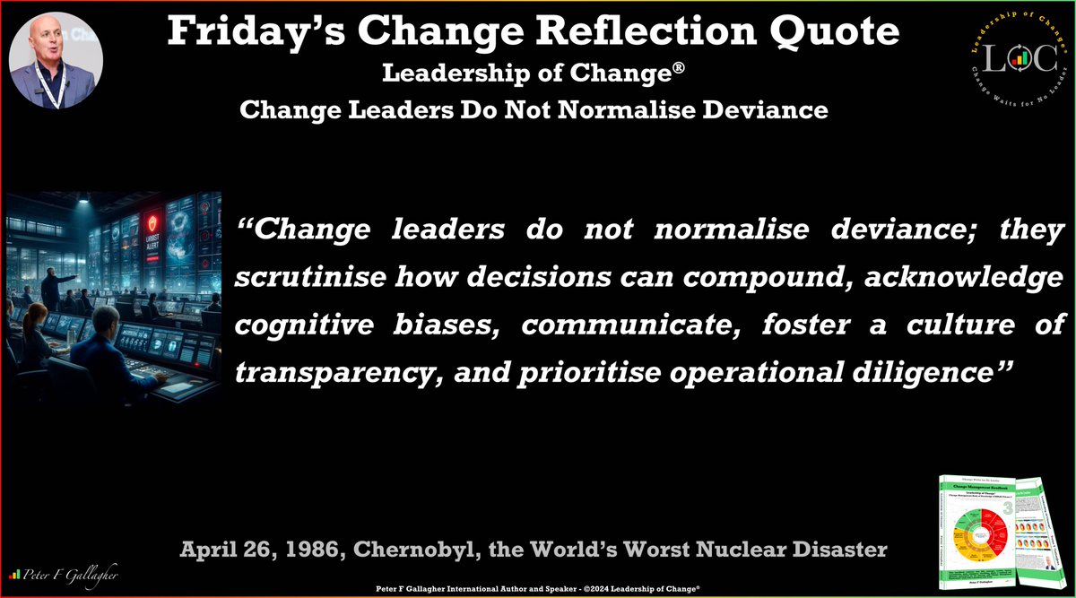 #LeadershipOfChange Friday’s Change Reflection Quote Change leaders do not normalise deviance; they scrutinise how decisions can compound, acknowledge cognitive biases, communicate, foster a culture of transparency, & prioritise diligence #ChangeManagement linkedin.com/pulse/fridays-…