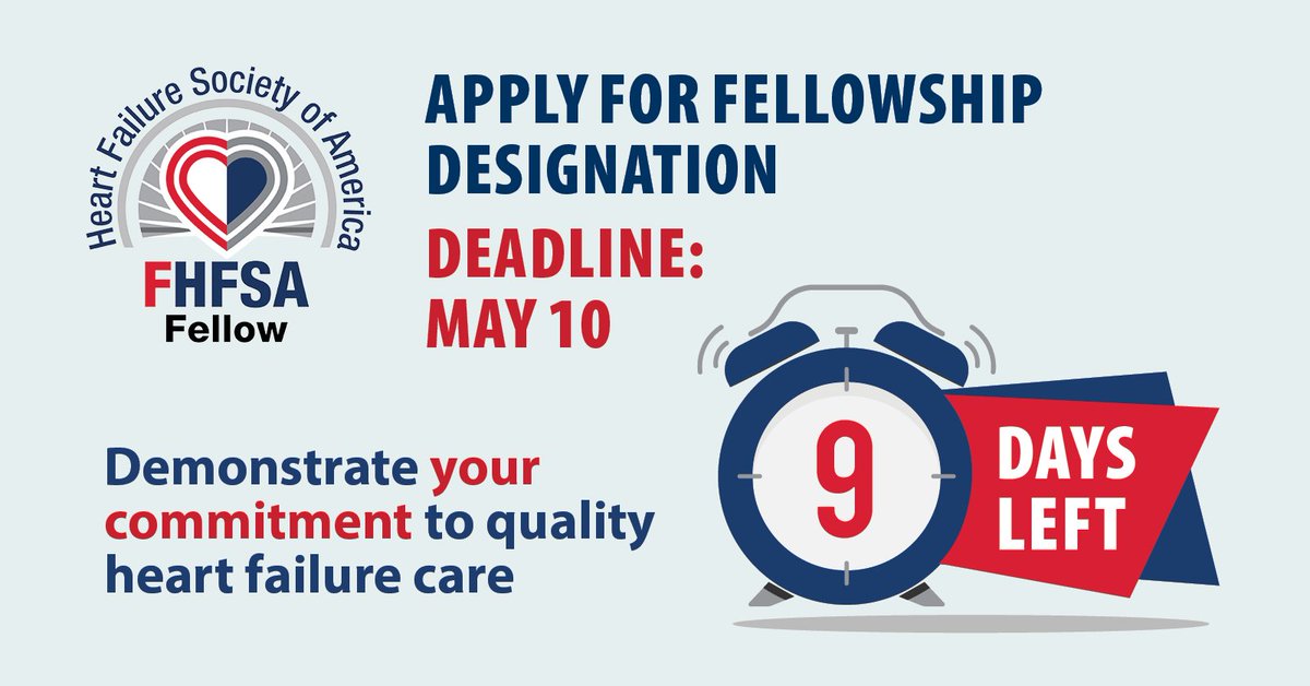The HFSA fellowship application deadline is just 9 days away! If you haven't already, request two letters of recommendation from HFSA leadership or an active FHFSA member to submit with your application. Apply before May 10: hfsa.org/professional-d…