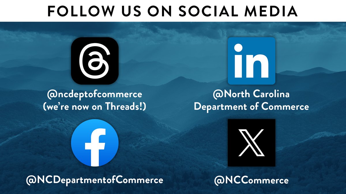 Looking for more ways to keep up with #NCCommerce? Find us on the following platforms (including our new Threads account!) for all things #EconDev, #WorkforceDev, and #CommunityDev.