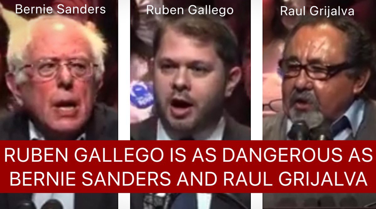 In 2018, Ruben Gallego joined Bernie Sanders & Raul Grijalva at a Phx rally. “Trump is going to build a wall. It’s called the progressive wall, it’s all my brothers & sisters holding hands…” ~Gallego Sanders called Gallego & Grijalva “Two leaders of the progressive movement.”