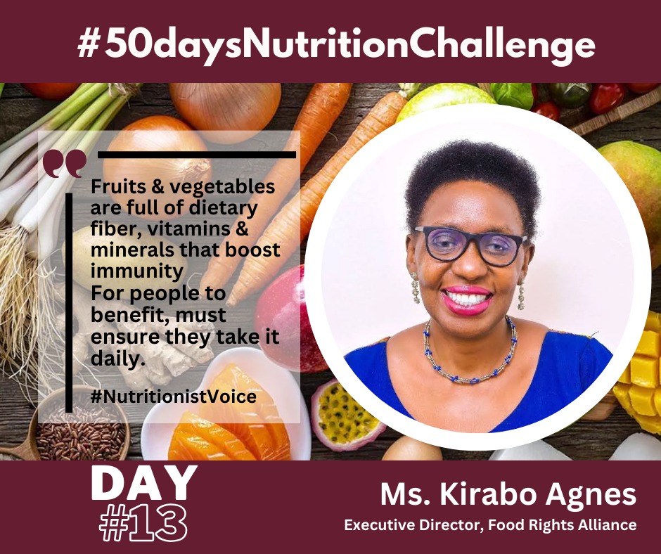 #FruitsbandVegetableIntakeCampaign #NutritionistVoice | #HealthyLiving Today we marked #13dayofCampaignof50days. We have a message from Ms Kirabo Agnes Executive Director @FRAUGANDA . @NYU_NFS @NutritionistsRw @lucky_ariho @emsechoug @jcrc_official1 @jesadairy @Twejaka…