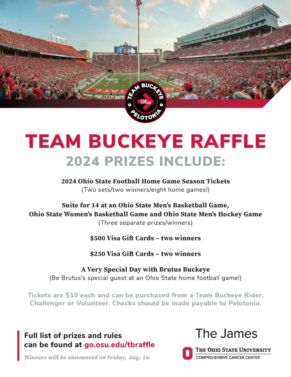 Greetings, #PIIO! We're selling Team Buckeye Raffle Tickets to raise funds for Pelotonia 2024. 100% of proceeds are dedicated to #cancer research at the @OSUCCC_James . Please DM for more info. Please Retweet! cancer.osu.edu/for-donors-and…