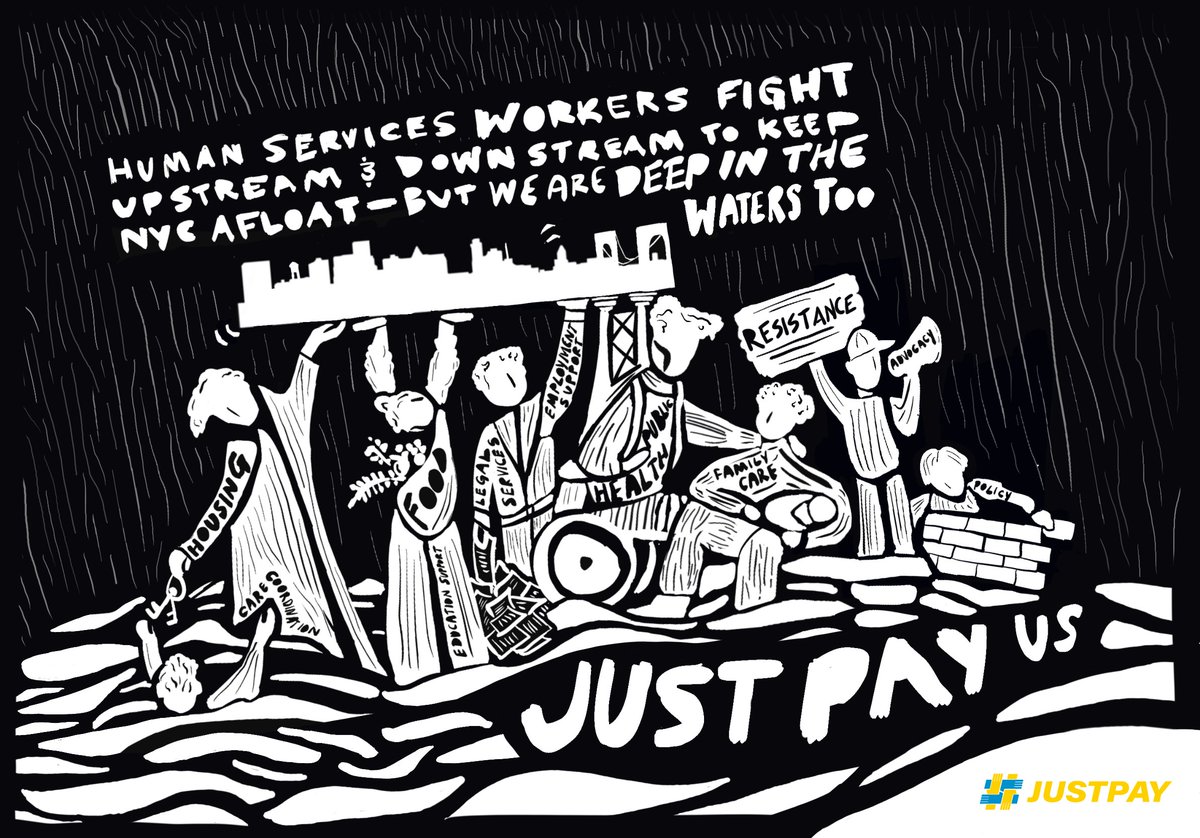 Nonprofit human services workers are the backbone of New York. On #InternationalWorkersDay, we celebrate these workers and their dedication to our communities. From providing housing to food access, human services workers keep NYC afloat and deserve #JUSTPAY. 💪 Art by Alana