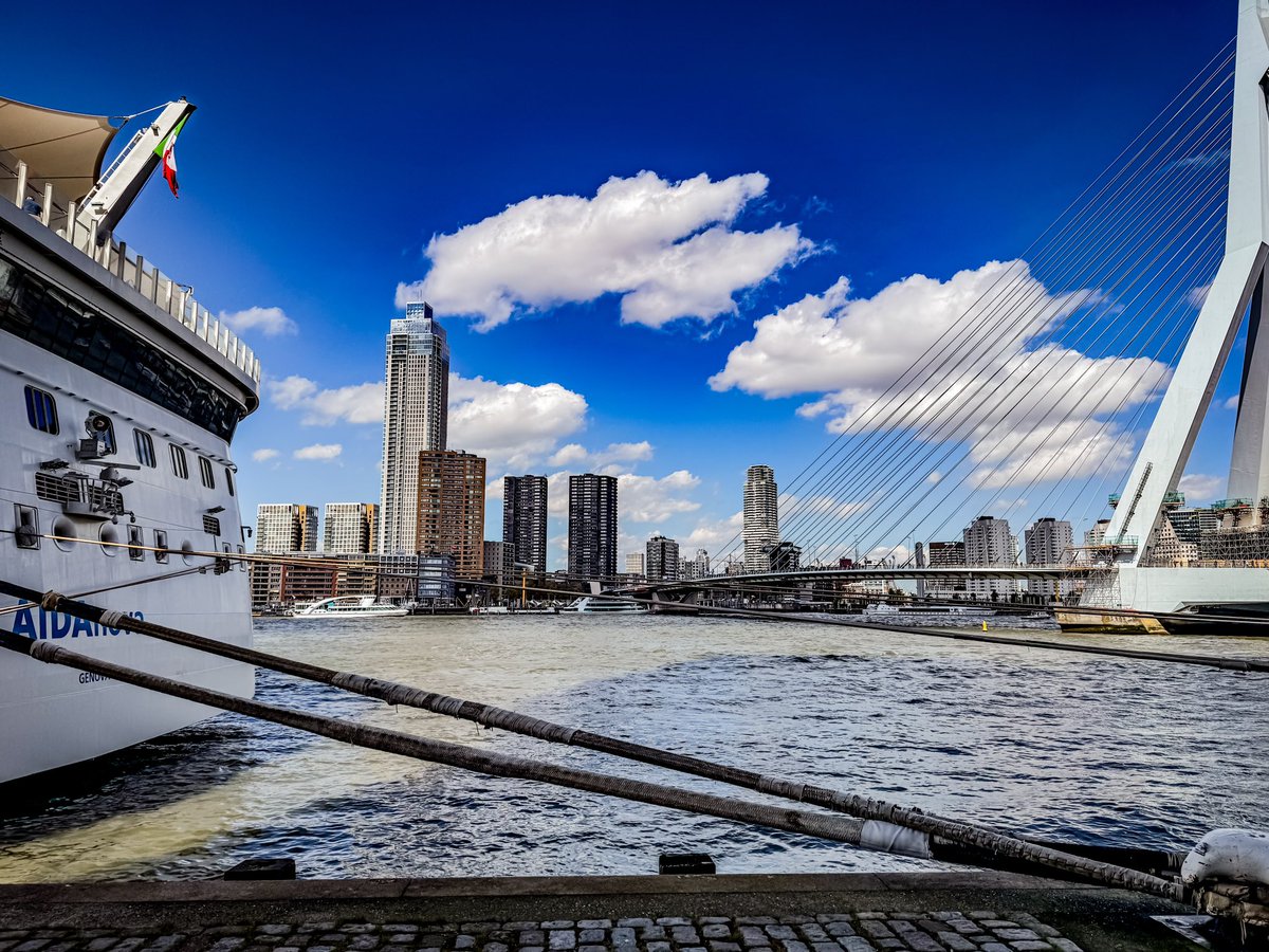 Rotterdam: Where the Maas River flows beneath a rapidly developing skyline, anchored by the iconic Erasmus Bridge. #Rotterdam #Skyline #TheNetherlands