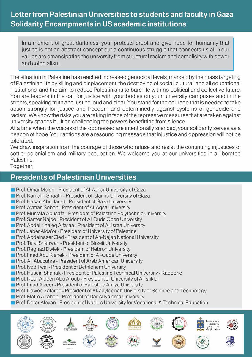 While the presidents of Israel's universities encourage U.S. universities to sic the cops on their students, the leaders of Palestine's universities offer their appreciation. 'We welcome you at our universities in a liberated Palestine.'