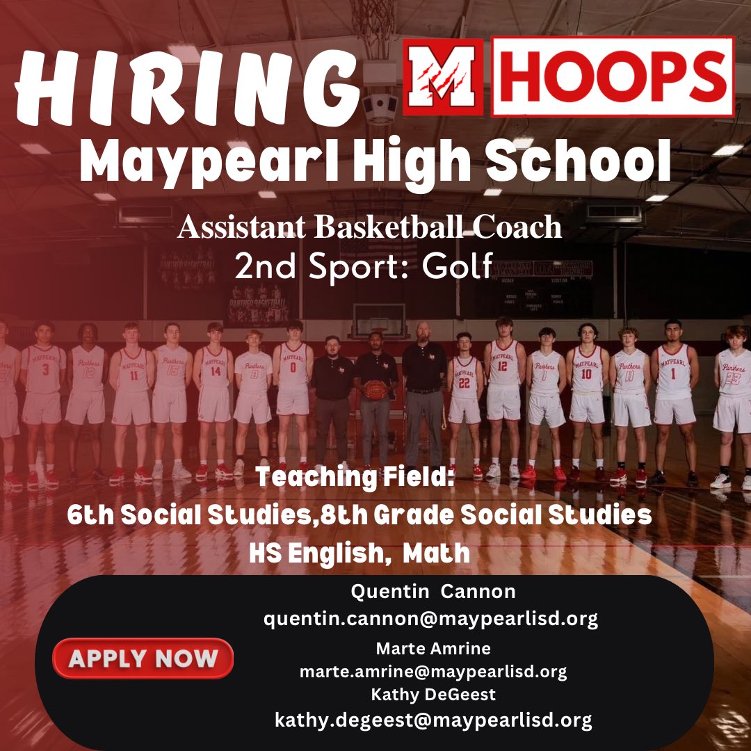 Maypearl High School (3A) is looking for a high energy, kid magnet to serve our Maypearl student-athletes and community for the 24-25 school year. If interested please send resume to Coach Cannon quentin.cannon@maypearlisd.org