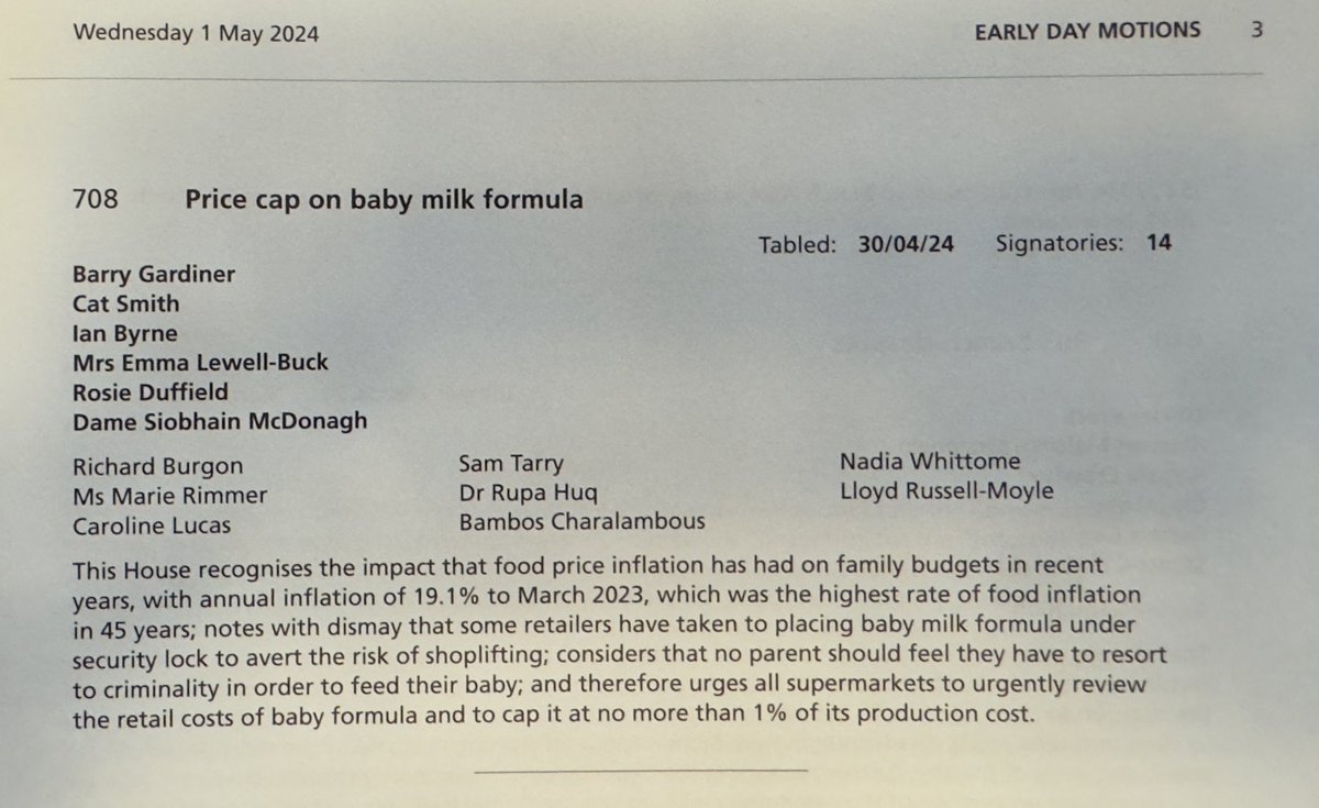 Members of our select committee yesterday were shocked to find that baby formula was so expensive it is being put under security lock in supermarkets. I have now tabled the Early Day Motion below: