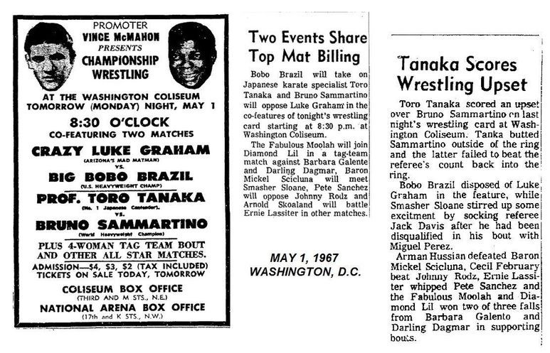 May 1, 1967 - Coliseum, Washington, DC Main Event: US Champion Bobo Brazil vs. Crazy Luke Graham