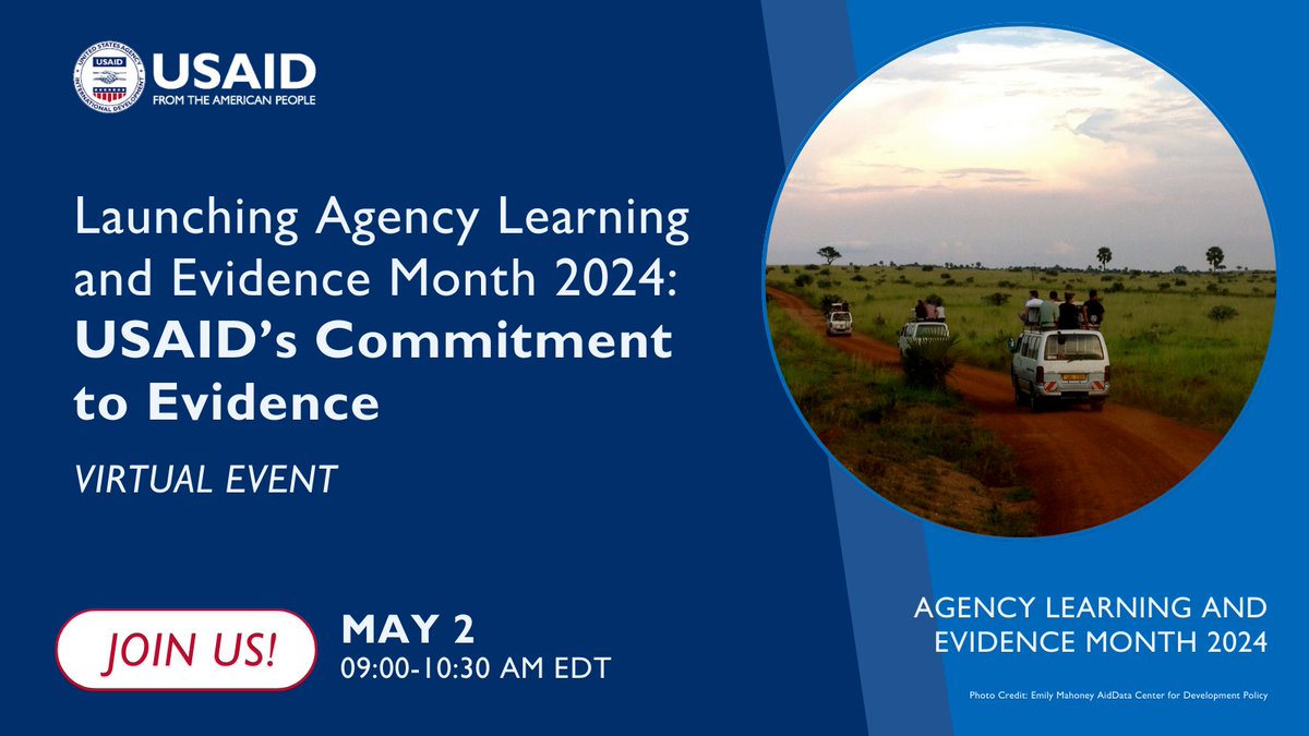 Agency Learning and Evidence Month kicks off tomorrow at 9:00 AM EST! Don't miss the opening session with @USAID leadership, previewing the 20+ public sessions taking place this month, on “What Works and Where to Find It.” #AgencyLearningAgenda Join us: bit.ly/43V99zk