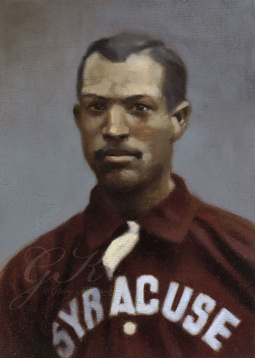 #OTD in 1884, Moses Fleetwood Walker became one of the first African-Americans to play in the major leagues when the Toledo Blue Stockings (American Association) dropped a 5-1 decision to Louisville at Eclipse Park. Here’s a color study of him with the Syracuse Stars in 1889.