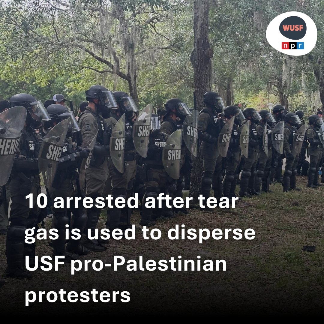 Ten people were arrested, including one with a concealed firearm, after law enforcement used tear gas Tuesday afternoon to disperse pro-Palestinian protesters on the University of South Florida's Tampa campus, officials said. wusf.org/university-bea…