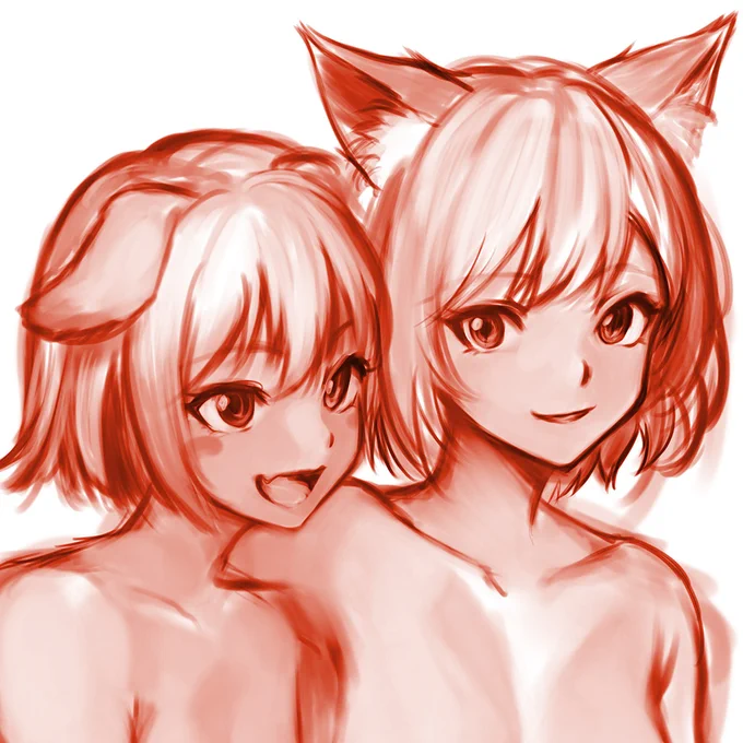FANBOX用にお絵かき中の獣人戦士ちゃんず。 わんこちゃんとにゃんこちゃん。 ちゃんと描けるかなぁ…