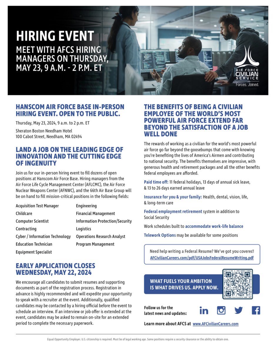 Join the Air Force Life Cycle Management Center (AFLCMC) at Hanscom Air Force Base (Mass.) on May 23, 2024, for an in-person recruitment and hiring event, offering over 130 civilian job openings. Register Now: afciviliancareers.com/hanscomjobs/