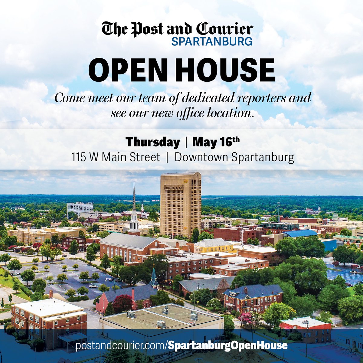 Good morning, Spartanburg! It's shaping up to be a gorgeous, sunny day, at least on Morgan Square. Do you want to take in the view from our office at 115 West Main? You have the perfect opportunity to do just that at an open house May 16. RSVP here: postandcourier.com/SpartanburgOpe…