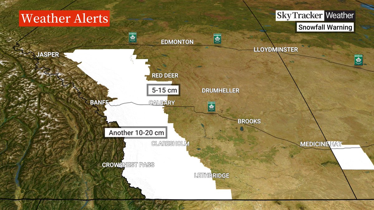 Good morning #Calgary, after 4-10 cm of heavy, wet snow fell in the city yesterday... more is on the way! We could see another 5-10 cm with 15 cm possible for higher elevations along with strong winds. Precip will taper off tomorrow. #Alberta #YYC