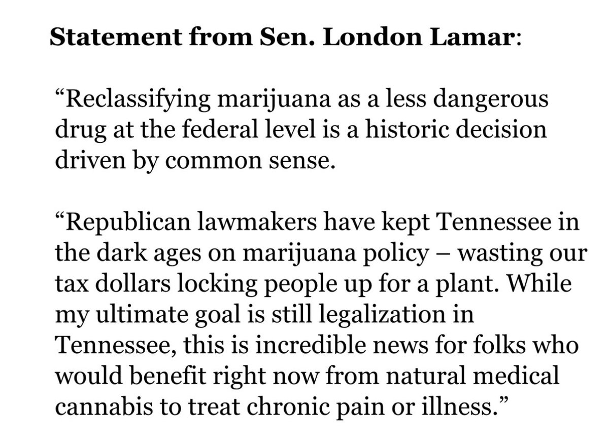 INBOX: “A historic decision driven by common sense… Republicans have kept Tennessee in the dark ages on marijuana policy.” - @SenatorLamar (D-MEMPHIS) on the news Biden & the federal government will reclassify marijuana