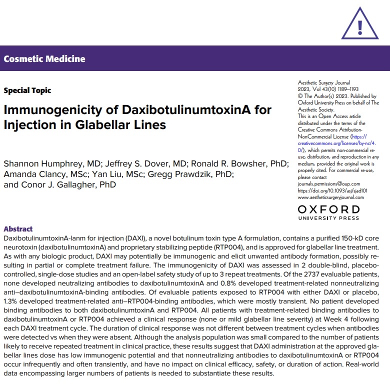 'Immunogenicity of DaxibotulinumtoxinA for Injection in Glabellar Lines' Read the paper: doi.org/10.1093/asj/sj… #cosmeticmedicine