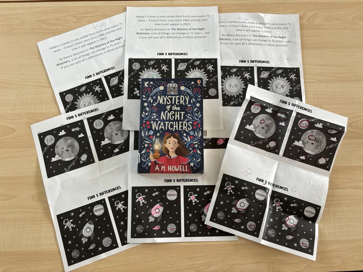 Could you please post these photos with the caption: Year 7 have spent lunchtime with some Halley's Comet spot-the-difference puzzles, inspired by their new #ReadingRoutes text, The Mystery of the Night Watchers by @AMHowellwrites 💫
