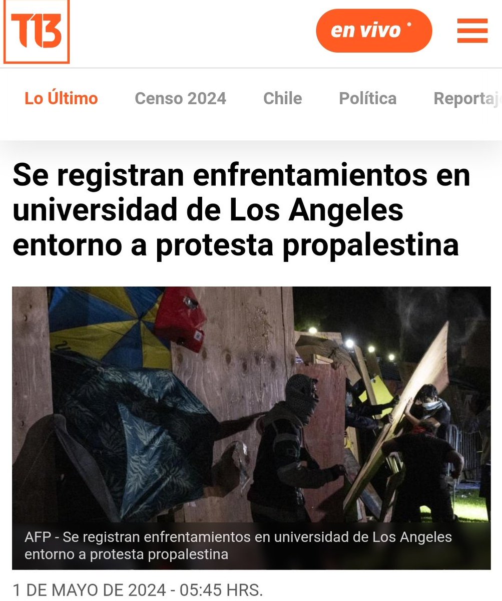 🇺🇸⚠️ *Se registran enfrentamientos en universidad de Los Angeles, California, entorno a protesta propalestina. Algunos manifestantes lanzaban fuegos artificiales u objetos al bando contrario, en una noche oscura iluminada con punteros láser y linternas. t13.cl/noticia/mundo/…