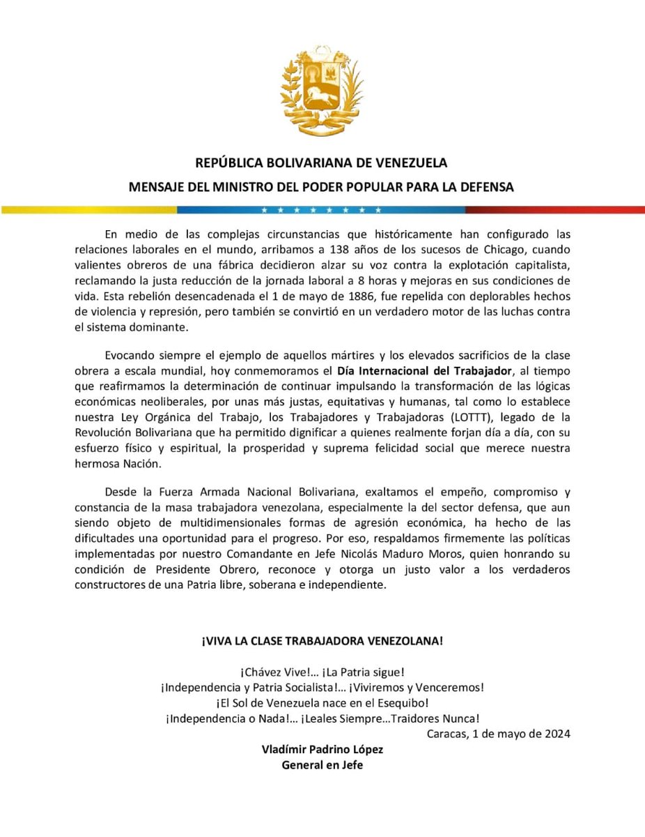 📌#DeInteres || Mensaje Institucional del ciudadano General en Jefe Vicepresidente Sectorial de Soberanía Política, Paz y Ministro del Poder Popular para la Defensa, Vladimir Padrino López en el marco del Día Internacional del Trabajador.