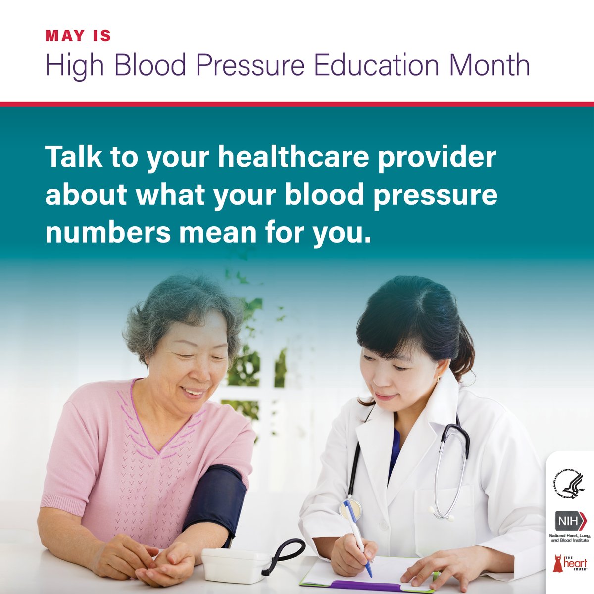 May is #HighBloodPressureMonth! Get your blood pressure checked at every doctor's visit and talk to your doctor about what your numbers mean for you. Find educational resources, social media posts, graphics, fact sheets, & more to share with your community.go.nih.gov/67mSsBJ