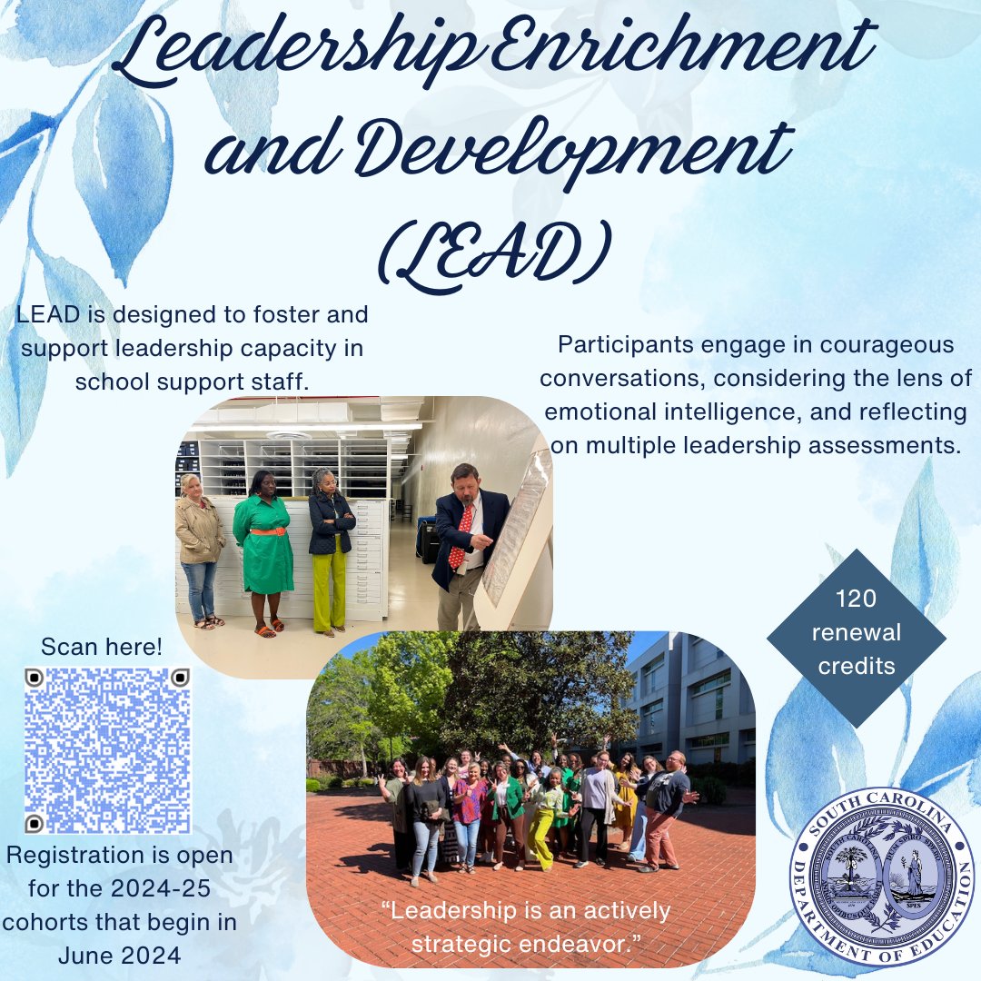 Be a part of the Leadership Enrichment and Development Cohort for 2024-25! Learn more: ed.sc.gov/educators/scho…