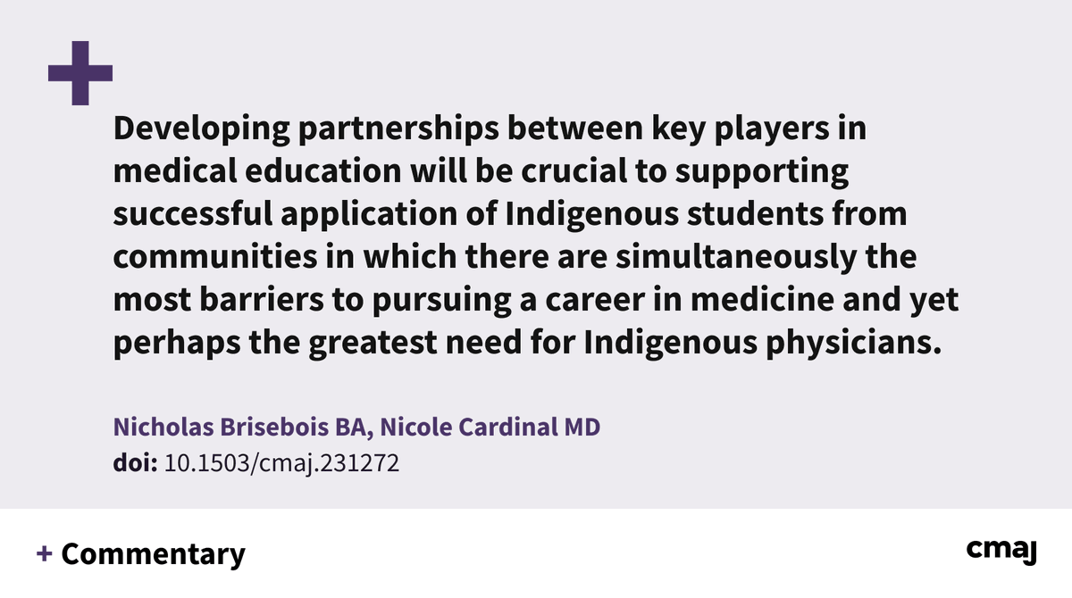 Indigenous students from reserves, rural, and Northern communities continue to be under-represented in Canadian medical schools, which likely contributes substantially to ongoing health inequities in these communities. ➡️ cmaj.ca/lookup/doi/10.…