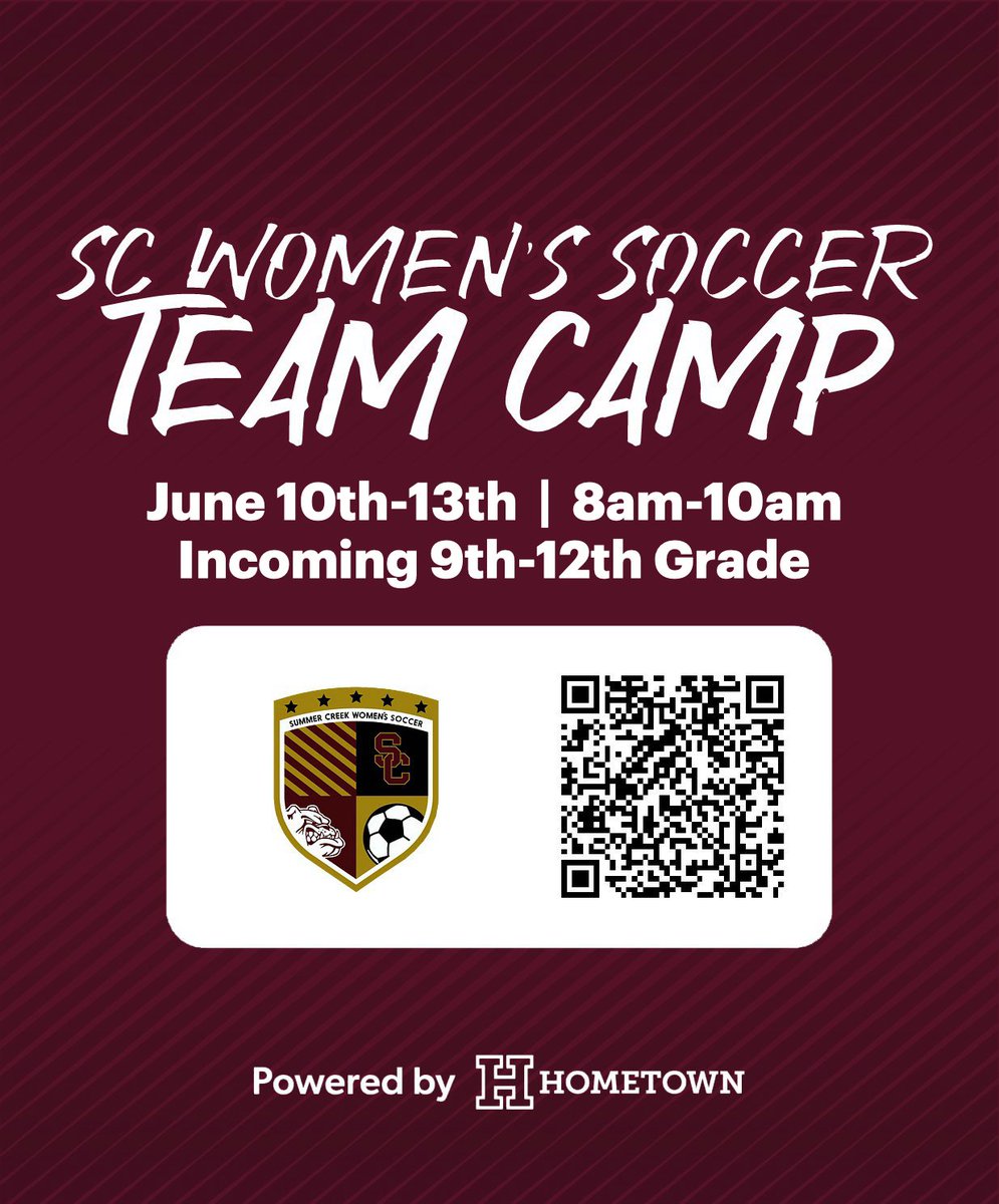 Summer Creek Women's Soccer Team Camp begins June 10th - 13th. All incoming 9th - 12th graders are invited to join us for speed training, skills training, and team concepts. Follow the QR code for more information. @HumbleISD_SCHS @HumbleISD_Ath