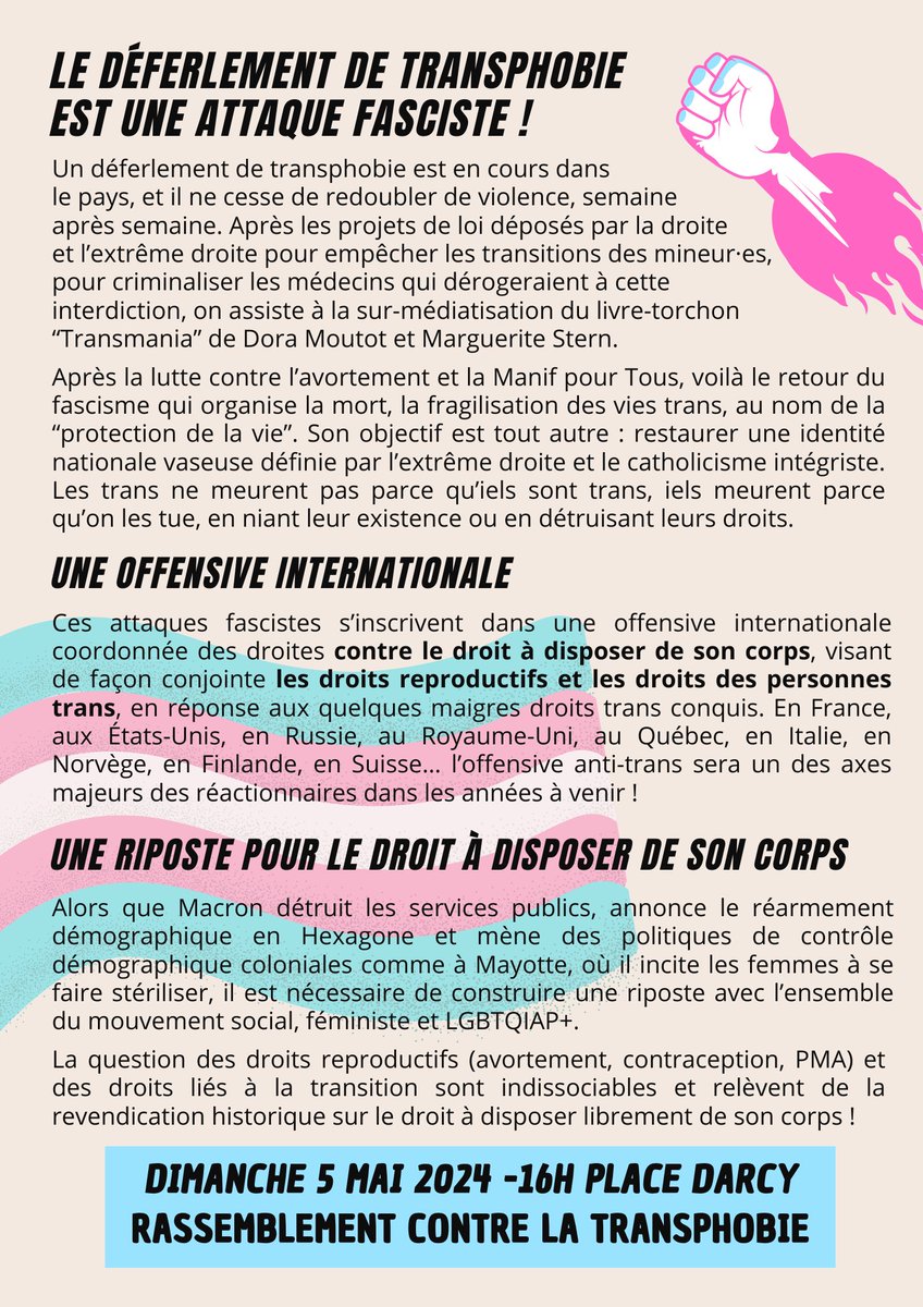 🔴Rassemblement contre la transphobie systémique 🏳️‍⚧️ Dimanche 5 Mai 2024 à 16h place Darcy à Dijon