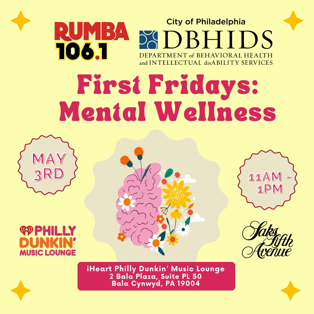 May is Mental Health Awareness Month. Join DBHIDS and iHeart Philly for First Friday, 11-1 5/3 to discuss mental health & the Latino population on Rumba 106.1 FM. Learn more about mental health resources available to the Latino population – and everyone – DBHIDS.org/mham.