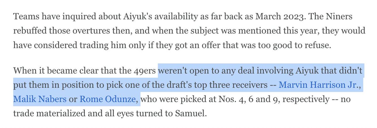 Good stuff in this @nwagoner article on #49ers WR situation. Sounds like both Deebo Samuel and Brandon Aiyuk pretty strong bets to stick in SF this season. espn.com/nfl/story/_/id…