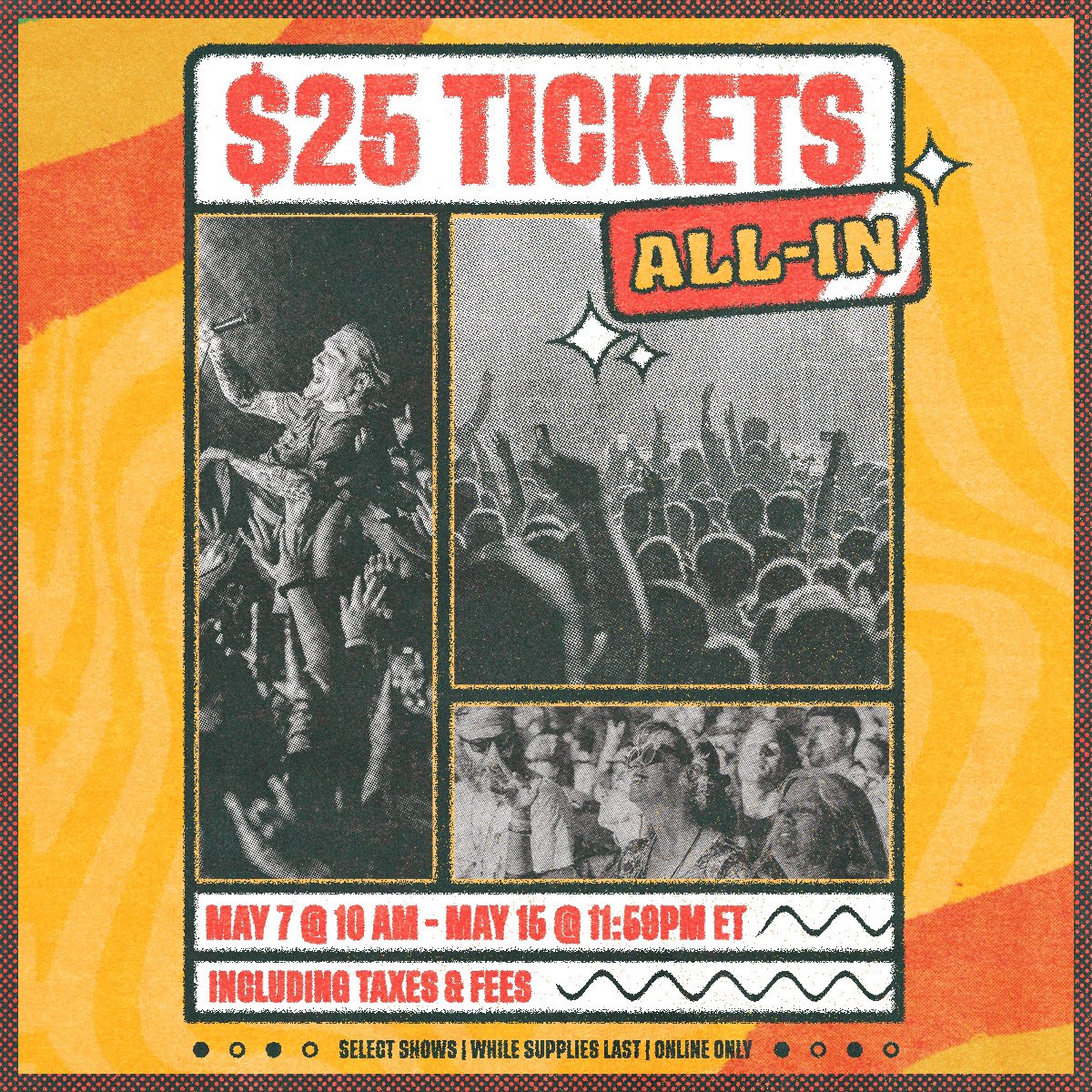 🔥🎫 $25 ALL-IN TICKETS 🔥🎫 From May 7 at 10am to May 15 at 11:59pm, grab your friends & grab $25 all-in tickets to select shows like A Day To Remember, Eric Andre, New Found Glory, & more at @AgoraCLE & @JacobsPavilion! 🔗: buff.ly/3QmAzIY