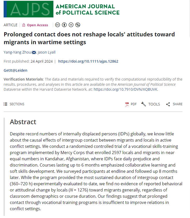 New evidence from a high-quality field experiment: Even prolonged contact (through vocational training programs) is insufficient to improve relations between migrants and locals in conflict settings. onlinelibrary.wiley.com/doi/full/10.11…