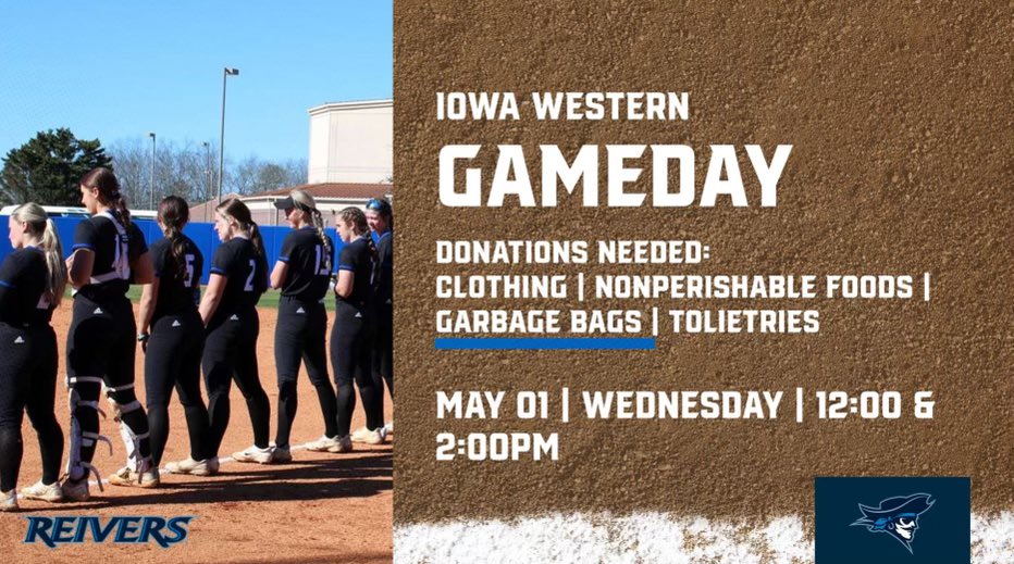 ReiverSoftball's tweet image. It's Gameday!! Reivers start playoffs at 12:00pm today vs Southwestern CC. Reminder: during these games we are accepting donations for those affected by the tornado in Minden, IA. Items to donate are listed.

#IWill #SailsUP🏴‍☠️