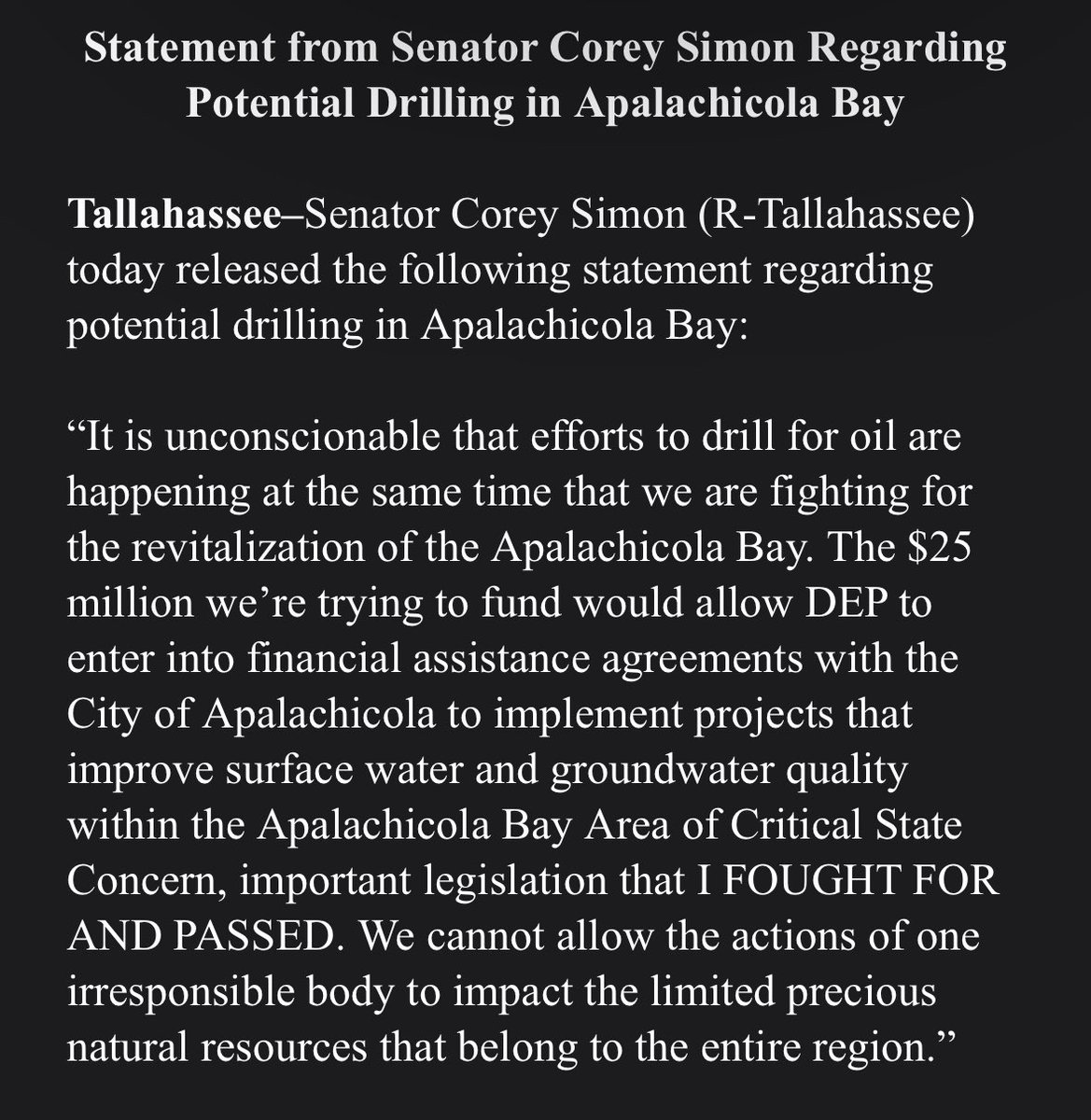 State Sen. Corey Simon (⁦@csime90⁩) blasts oil drilling proposal in fragile Apalachicola River floodplain: