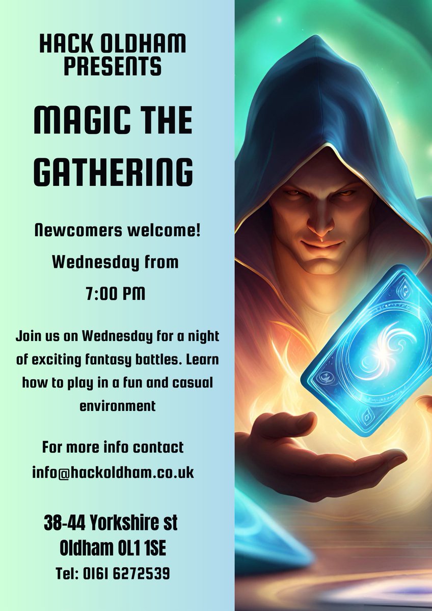 Tonight, we have our first Magic the Gathering! 🔮🪄

When: Wednesday evenings

What time?: 7-10pm

How much?: £4 per session.

What age do you need to be to play?: 18+ years.

See next tweet for more details...

#oldhamhour #magicthegathering