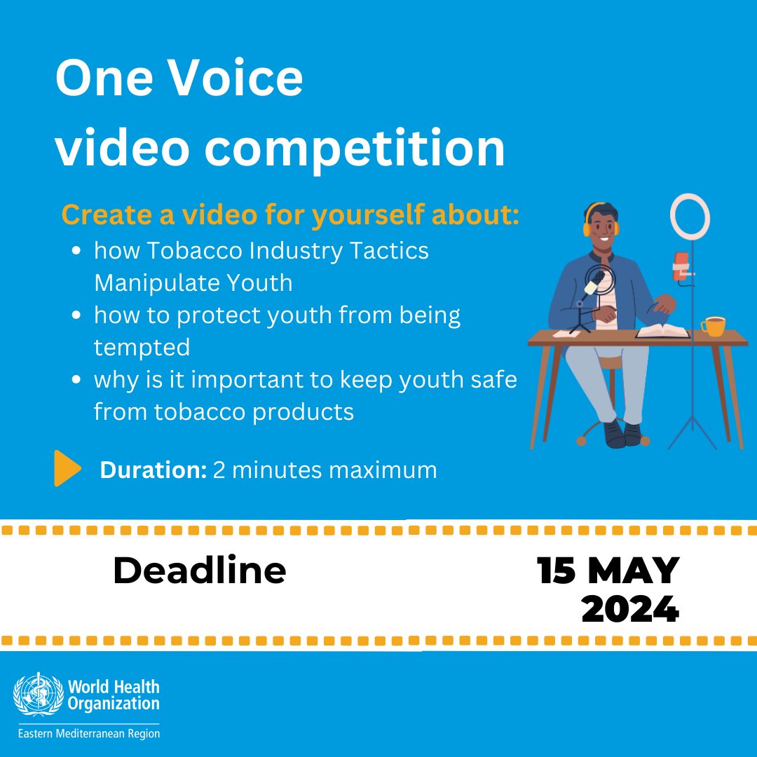 📢Call for youth between 13 and 35 years in the Eastern Mediterranean Region to create videos📹 about how the tobacco industry manipulates youth to use nicotine and tobacco products 🗓️Deadline: 10 May 2024 To apply and learn more⬇️ emro.who.int/media/news/be-… #HealthForAll
