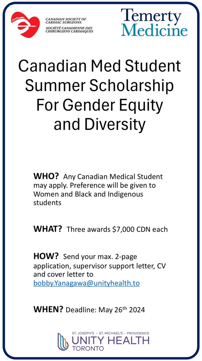 We are offering 3 scholarships for 🇨🇦 Med Students to do research in cardiac surgery labs this summer. Preference will be given to Women & Black and Indigenous students. Good luck!!! 💪💪💪 @uoftmedicine @UofTCardio @UnityHealthTO @cscs_sccc @AATSHQ @STS_CTsurgery @UofTCVsurgery