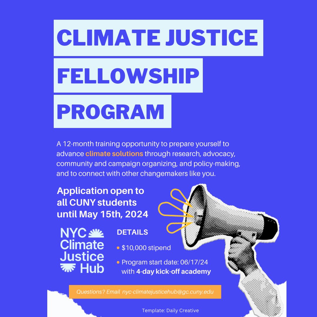 APPLY BY MAY 15th! Interested in advancing climate justice? The Climate Justice Fellowship Program is open to all @cunyedu students. Fellows will support the Hub, a partnership between @NYCEJAlliance and @cunyedu. Apply here! tinyurl.com/27382kpz