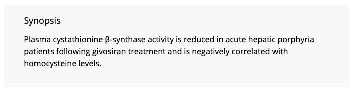 The interfaced between CBS and porphyria, explored in this new publication in JIMD Reports. Elevated homocysteine is negatively correlated with plasma cystathionine β-synthase activity in givosiran-treated patients Mark Keibler, et al doi.org/10.1002/jmd2.1…