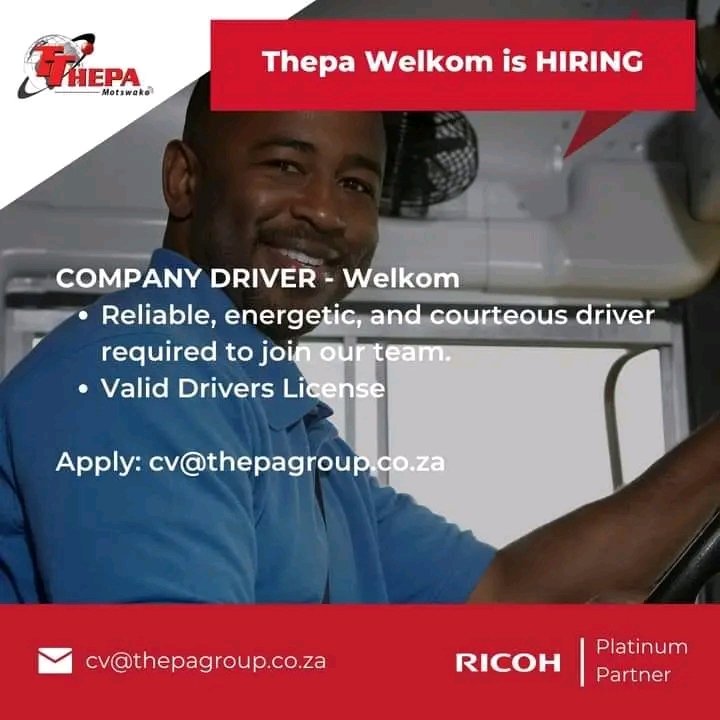 Check vacancy as quoted below

Ready to take the wheel? Apply now and start your journey with us!

✅ Valid driver's license is essential. 

📍 Located in Welkom

Send your cv to cv@thepagroup.co.za 

#NowHiring #DriverNeeded #JoinOurTeam #DriverJobs #Transportation #JobOpening