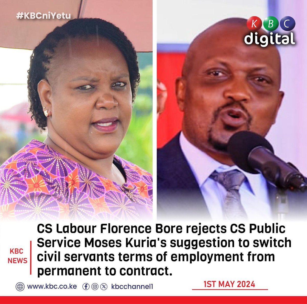 CS Labour Florence Bore rejects CS Public Service Moses Kuria's suggestion to switch civil servants terms of employment from permanent to contract.
#KBCniYetu ^RO