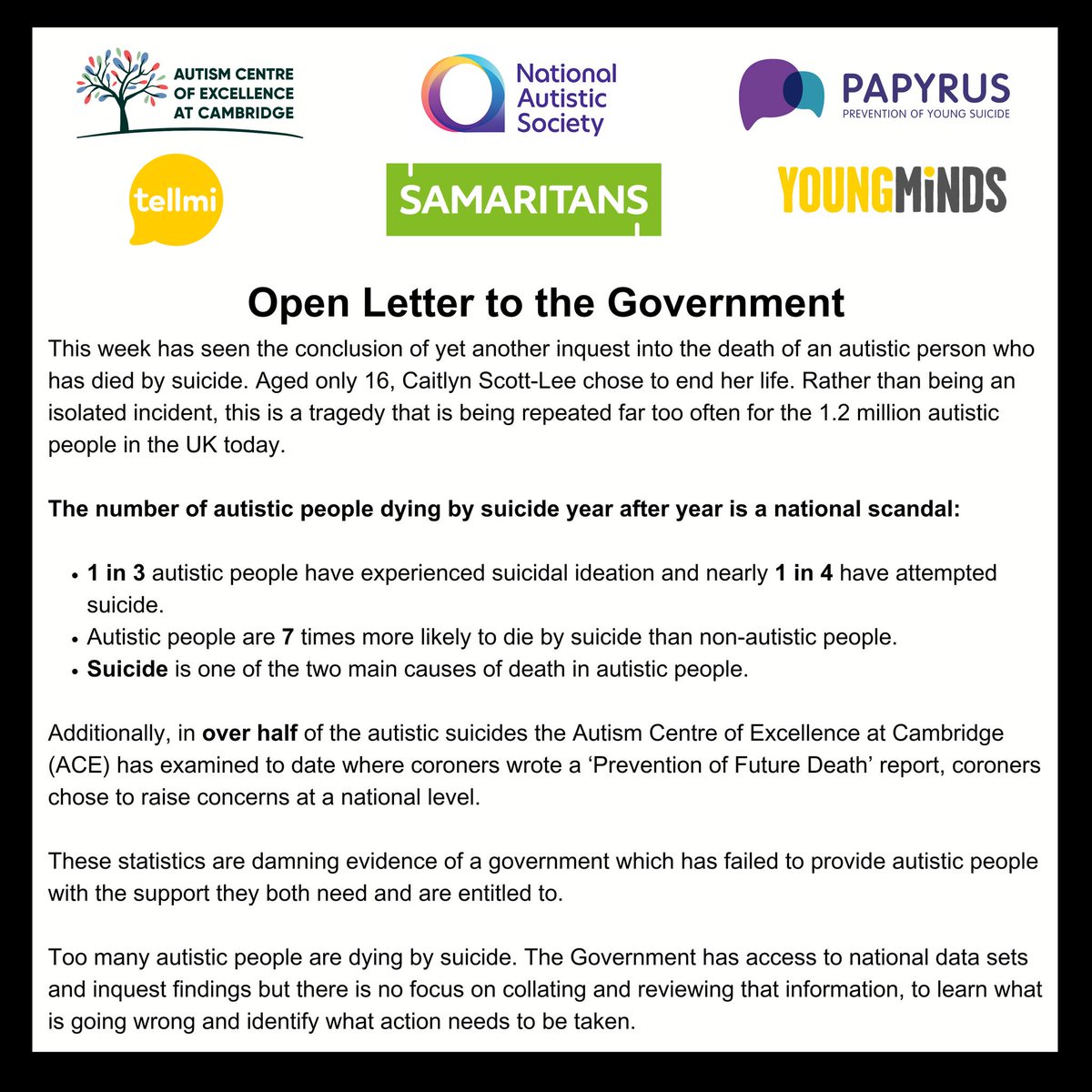 Today, following the inquest of Caitlyn Scott-Lee, we joined with @theACEcharity, @Autism, @tellmi_helps, @samaritans and @YoungMindsUK to write an open letter to the @Gov to highlight the increased risk of suicide that autistic people face and call for urgent action. Get…