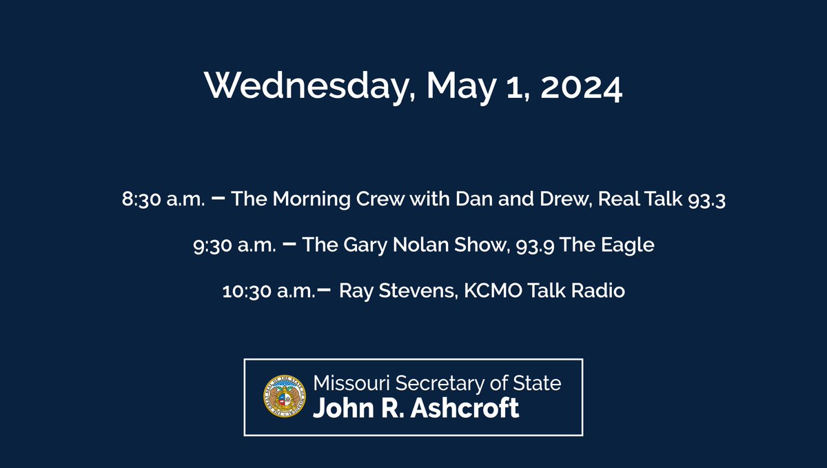 Coming up -- Secretary Ashcroft joins The Morning Crew with Dan and Drew, The Gary Nolan Show on @939TheEagle at 9:30 & talks w/ Ray Stevens on @kcmotalkradio at 10:30. #moleg